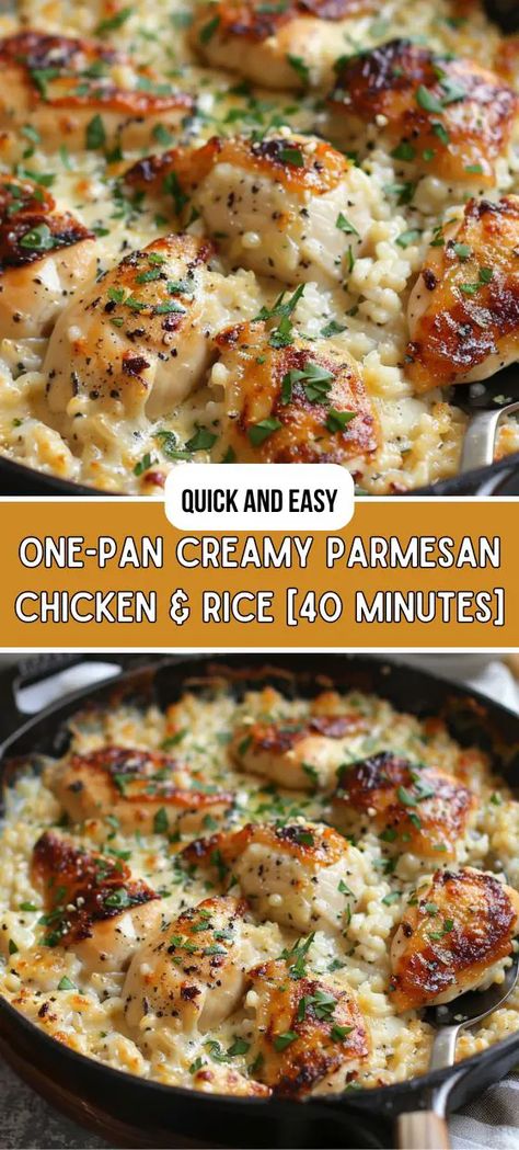 One-Pan Creamy Parmesan Chicken & Rice Cream Of Chicken Rice, Oven Chicken And Rice, Parmesan Chicken Rice, Creamy Parmesan Rice, Creamy Parmesan Chicken, Flavorful Rice, Chicken And Rice Dishes, Creamy Chicken Recipes, Creamy Chicken And Rice