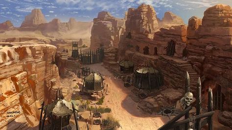 Settlement in a desert canyon. | Fire | Pinterest | Blog Designs ... Desert Town, Dark Sun, Underwater City, Concept Art World, Heroic Fantasy, 3d Street Art, Landscape Concept, Fantasy City, Biome