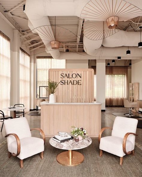 Salon Shade — Lauren Bradshaw Design Wood Slat Wall Salon, Open Ceiling Salon, Open Floor Salon Ideas, Open Floor Plan Hair Salon, Cute Reception Desk, Salon Suites Floor Plans, Light And Airy Hair Salon, Beauty Salon Lighting Ideas, Beauty Reception Area