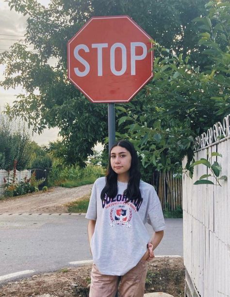 Stop,sign,photoshoot,aesthetic Stop Sign Photoshoot, Street Sign Photoshoot, Photoshoot Aesthetic, Stop Sign, Grad Photos, Street Sign, Street Signs, T Shirts For Women, Instagram Posts