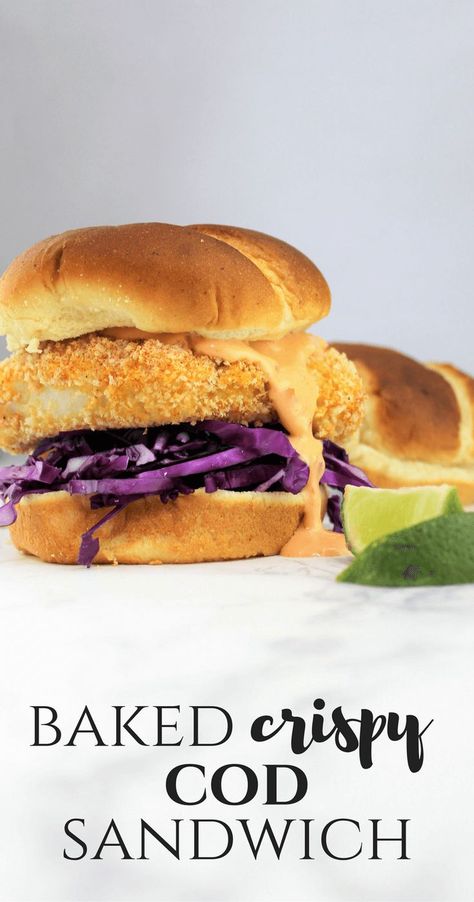 Crispy Baked Cod Sandwich Sandwiches Board, Crispy Baked Cod, Cod Sandwich, Seafood Sandwich, Sandwiches Ideas, Fish Sandwich Recipes, Yummy Sandwiches, Fish Sandwich, Cod Recipes