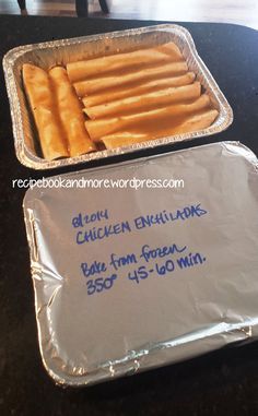 DIY Freezer Meals - Cheesy Chicken Enchiladas - make 2 and freeze the extra. Perfect for new moms, or new neighbors, or someone having surgery. Freezer Enchiladas Chicken, Chicken Enchiladas Freezer Meal, Freezer Casseroles, Freeze Meals, Freezer Ideas, Freezer Prep, Freeze Ahead Meals, Bulk Cooking, Freezer Dinners