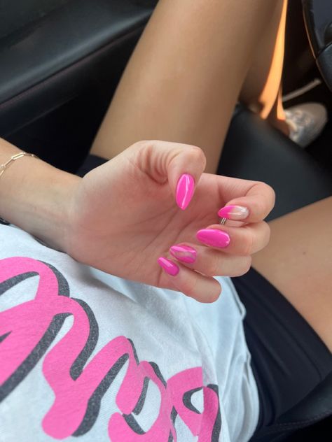 Almond shape hot pink nails. Solid, french tip, and swirl. Gel polish is Beetles brand. Color is B-Cosmos Bouquet. Buy on amazon for $6.39! Pink Nails Solid, Cosmos Bouquet, Nails Solid, Barbie Nails, Hot Pink Nails, Almond Shape, Beetles, Pink Nails, Gel Polish