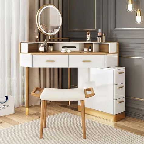 Corner Makeup Vanity, Makeup Vanity Lighting, Modern Makeup Vanity, Makeup Vanity Table, Corner Vanity, Makeup Vanities, Makeup Vanity Set, Dresser Table, Mirrored Vanity Desk