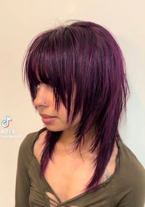 Purple Shag Haircut, Emo Haircuts Long Choppy Layers, Modern Scene Hair, Haircuts Alternative, Wavy Scene Hair, Purple Scene Hair, 2000s Emo Hair, Unique Dyed Hair, Dye Hairstyles