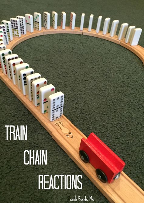 Physics play- Train Chain Reactions with Dominoes! STEM for kids!  via @karyntripp Summer Experiments, Transportation Centers, Physics Toys, Conservation Of Momentum, Trains Preschool, Eyfs Curriculum, Preschool Stem, Transportation Preschool, Kid Science