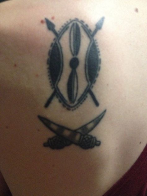 My tattoo. Kenyan shield and spears with tusks Kenyan Shield Tattoo, Kenyan Tattoo Ideas, Kenyan Flag Tattoo, Kenya Tattoo Ideas, Kenyan Tattoo, Tusk Tattoo, Kenya Tattoo, Pelvic Tattoo, Pelvic Tattoos