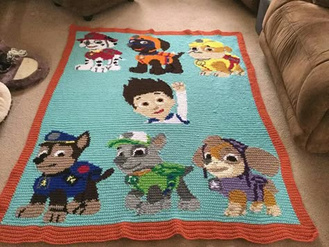 Paw Patrol eye candy! Beautifully done! Paw Patrol Crochet Blanket Pattern, Paw Patrol Crochet Pattern Free, Crochet Quilt Pattern, Crochet Square Blanket, Crochet Afghan Patterns Free, C2c Crochet, Crochet Quilt, Afghan Patterns, Manta Crochet