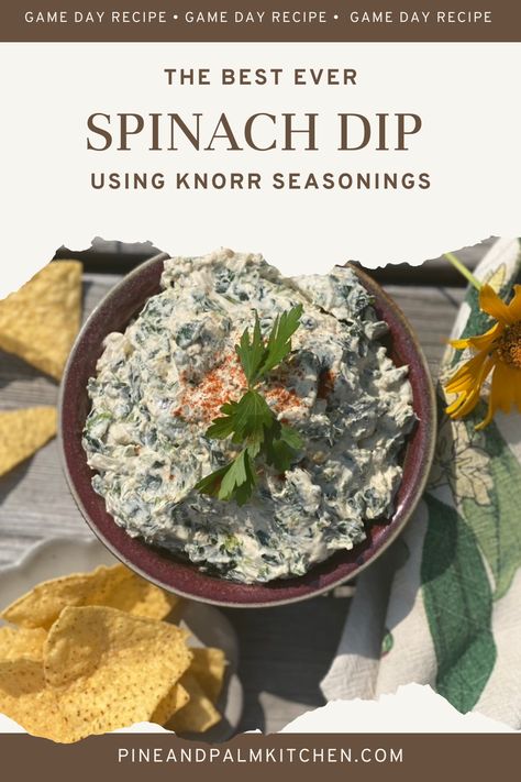 This classic veggie spinach dip using Knorr Seasonings is made even better with a few fresh ingredients that add so much kick. Fresh horseradish, warm spices, loads of green onions and spinach make this an irresistible dip everyone will cheer for on game day. Warm Spinach Dip Recipe, Knorr Spinach Dip Recipe, Warm Spinach Dip, Spinach Dip Cold, Knorr Spinach Dip, Fresh Horseradish, Spinach Tortilla, Spinach Dip Recipe, Best Party Food