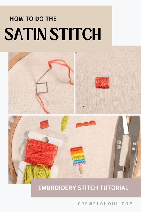 The satin stitch is a beginner friendly embroidery stitch that is very commonly used in hand embroidery. It's usually used to fill in areas where you want to achieve a neat, smooth appearance. Here's how to make the perfect stitches! How To Satin Stitch, How To Satin Stitch Embroidery, Fill In Embroidery Stitches, Satin Stitch Embroidery Tutorial, Basic Embroidery Stitches For Beginners, Satin Stitch Embroidery, Embroidery Stitch, Basic Embroidery Stitches, Stitch Tutorial