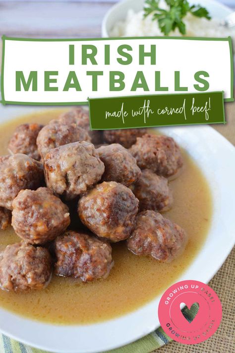 Irish meatballs made with corned beef and rye bread are served with a gravy made with hard cider, and potatoes. Start a new St. Patrick's Day tradition with Irish Meatballs! Corned Beef Meatballs, Irish Meatballs, Greek Dinners, Irish English, Irish Beer, St Patrick's Day Recipes, Scottish Recipes, Irish Eyes Are Smiling, Beef Meatballs