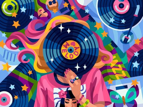 Pop Music Aesthetic Wallpaper, Pop Music Aesthetic, Music Aesthetic Wallpaper, Pop Art Party, Disney Art Style, Retro Art Prints, Sky Anime, Art Trading Cards, Music Illustration