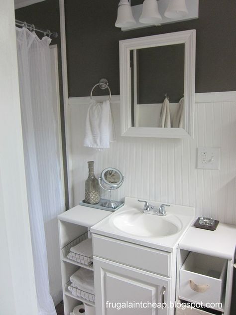 I was inspired by an allen+roth vanity I saw. For our new bathroom addition, I decided to add side storage. this gives more room for "bathroom stuff" and extra counter space. More info at http://frugalaintcheap.blogspot.com/2012/07/allen-roth-copycat.html House Bathroom Ideas, Bathroom Addition, Today Tips, Luxury Vinyl Tile Flooring, Shower Storage, Room Makeovers, Small Bathroom Makeover, Bathroom Counters, Apartment Bathroom