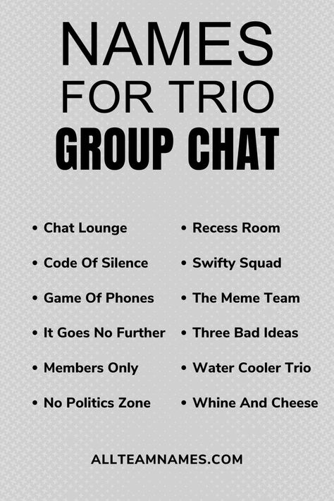 names for trio group chat list Trio Personalities, Gp Name Idea, Group Names For Trio, Girl Gc Names Ideas, Friends Name Ideas, Three Friends Group Name, 3 Person Group Chat Names, Life360 Group Names, Group Chat Names For 3 Best Friends