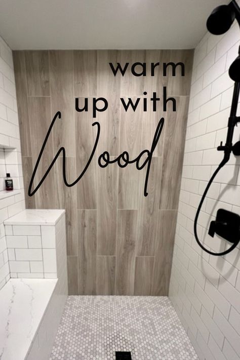 Standing shower with wood look tile on walls and black hardware Wood Wall Shower Tile, Wood Ceramic Tile Bathroom, Wood Tiled Showers, White And Natural Wood Bathroom, Shower With Wood Tile, Wood Tile Shower Wall, Wood Look Tile Shower Walls, Wood Grain Tile Bathroom, Wood Tile Shower Black Floor