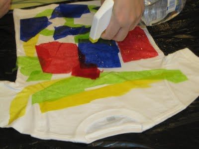 Tie-dyed t-shirt with tissue paper How To Rubber Band A Shirt For Tie Dye, Glue Resist Tie Dye, Kids Tye Dye Shirts Diy Easy, Tie Dye Paint Splatter T-shirt With Crew Neck, Girl Scout Shirts, Cheap Tie Dye T-shirt With Screen Print, Easy Clothing, Brownie Girl Scout, Activity Day Girls