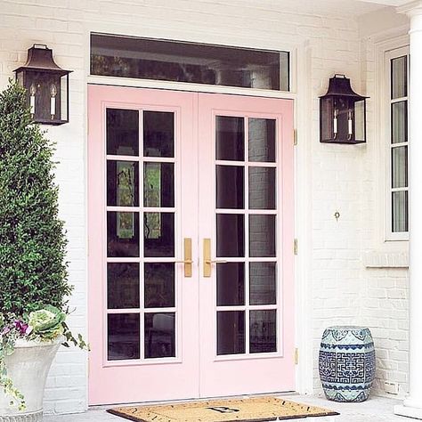 All Things Pink, White Brick, Double Door, Exterior Brick, Painted Doors, Double Doors, French Doors, Curb Appeal, Arkansas