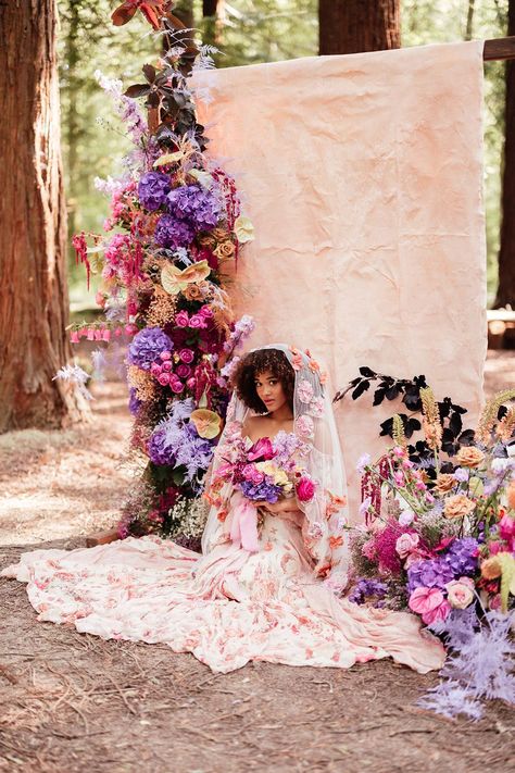 colourful boho wedding inspiration at Two Woods Estate with Black bride in a floral wedding dress and appliqué veil Lilac And Forest Green Wedding, Purple Woodland Wedding, Pink Purple Wedding Decor, Purple Pink Red Wedding, Purple Pink Green Wedding Flowers, Purple Pink Orange Wedding Flowers, Jewel Wedding Colors, Wedding Decor Pink, Purple Wedding Decor