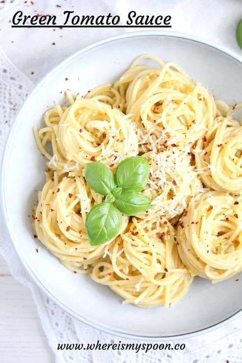 Easy green tomato sauce for pasta, a surprisingly delicious green tomato recipe perfect for the end of season. #whereismyspoon #greentomatosauce #greentomatorecipes #greentomatopastasauce #greentomatonoodlesauce Green Tomato Sauce, Tomato Sauce For Pasta, Green Tomato Salsa, Fresh Pumpkin Pie, Parmesan Mashed Potatoes, Homemade Cheese Crackers, Sauce For Pasta, Green Tomato Recipes, Tomato Recipe