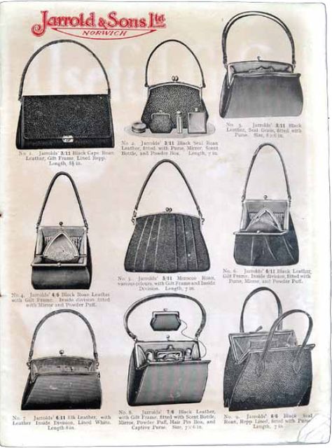 A 1920s Jarrold catalogue featuring handbags 1920s Handbags, Hollywood Drawing, Vintage Bags 1950s, 90s Bag, Norwich Norfolk, Vintage Evening Bags, Vanity Bag, 1920s Dress, Beautiful Barbie Dolls