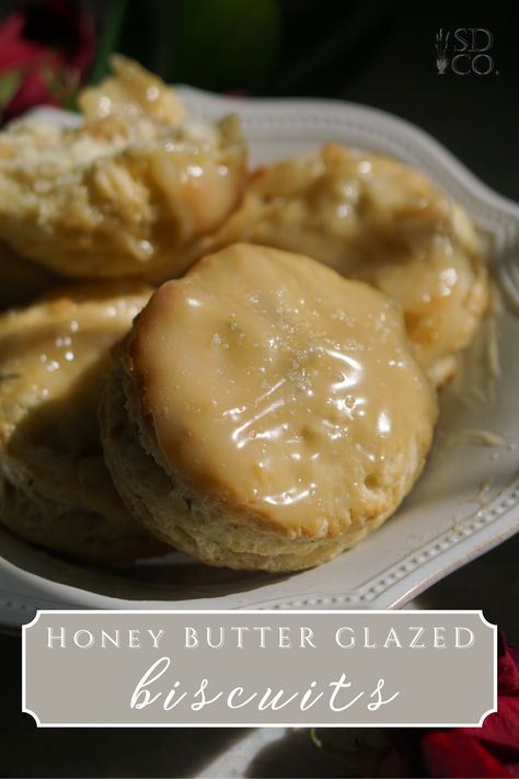 Honey butter glazed biscuits with flaky salt Honey Butter Glaze For Biscuits, Honey Butter Drizzle Recipe, Glazed Biscuits, Honey Biscuit Recipe, Honey Butter Glaze, Butter Swim Biscuits, Flaky Buttermilk Biscuits, Honey Butter Biscuits, Honey Drizzle