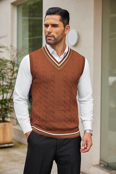 COOFANDY Men's Vintage Vest Sweater V Neck Casual Sleeveless Knitted Sweater JK Uniform Pullover Caramel at Amazon Men’s Clothing store Sweater Vest Outfit Mens, Men's Sweater Vest, Mens Sweater Vest, Mens Vintage Vest, Vest Outfits Men, Cable Knit Sweater Vest, Sweater Vest Outfit, Sweater Vest Mens, Vest Sweater