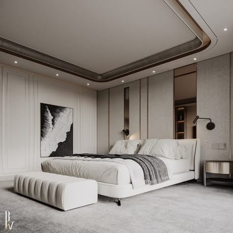 Master bedroom :: Behance Master Bed Contemporary, Bedhead Design, Modern Contemporary Bedroom, Bedroom Minimal, Bedroom Behance, Interior Design Masters, Bed Classic, Fall Ceiling, Bedroom Interior Design Luxury