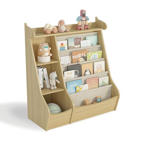 PRICES MAY VARY. 🎁【CUTE NURSERY KIDS BOOKSHELF WITH STORAGE】With an unique deer design, the cute child bookshelf in wood attracts baby's attention quickly. It's an awesome decor furniture for bedroom, playroom, toy room, nursery and toddler room. It's a great touch to kids room and the best gift for kids. 🥳【PRATICAL MONTESSORI BOOKSHELF KIDS ROOM】Thanks to 4-tier traditional wooden display shelves and 4-layer sling bookcase storage, children can store more books and toys, such as mini books, c Children Book Storage, Book Storage Ideas Kids, Nursery Bookshelf Ideas, Storage Children, Children Bookshelf, Girls Bookshelf, Toddler Toy Storage, Kids Room Bookshelves, Montessori Bookshelf