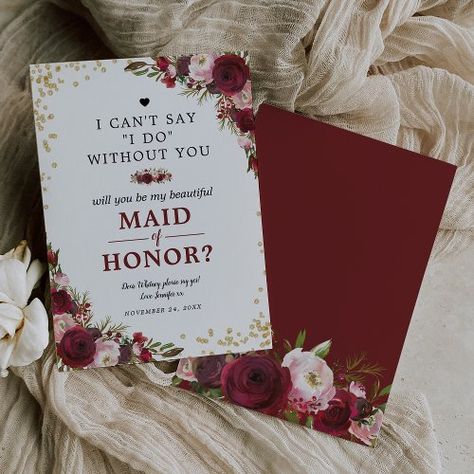 $2.45 | Will you be my Maid of Honor | Burgundy Blush #maid of honor, wedding, will you be my bridesmaid, rustic, burgundy, blush, flowers, watercolor, elegant, gold glitter Asking My Sister To Be My Maid Of Honor, Maid Of Honor And Bridesmaid Dresses, Matron And Maid Of Honor, Asking Sister To Be Maid Of Honor, Would You Be My Maid Of Honor, Invitation For Bridesmaid, Will You Be My Maid Of Honor Card, Bridesmaids Invitations Ideas, Be My Maid Of Honor Ideas