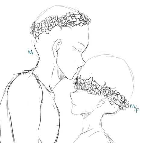 Ych Couple, Couple Ych, Flower Crown Drawing, Crown Drawing, Drawing Body Poses, Drawing Flowers, Anime Base, Drawing Templates, Anime Drawings Tutorials