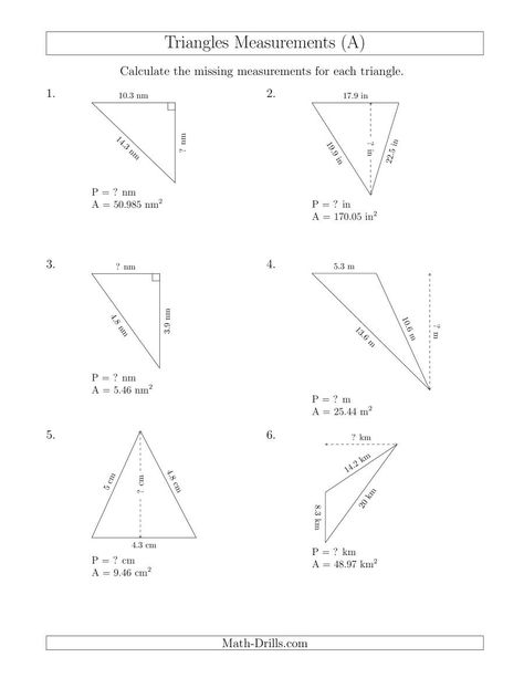 The Calculating the Perimeter and Height of Triangles (A) Math Worksheet from the Measurement Worksheets Page at Math-Drills.com. Geometry Worksheets High School, Worksheets High School, Triangles Activities, Kindergarten Math Free, Circle Square Triangle, Measurement Worksheets, Triangle Worksheet, Shapes Kindergarten, Math Practice Worksheets