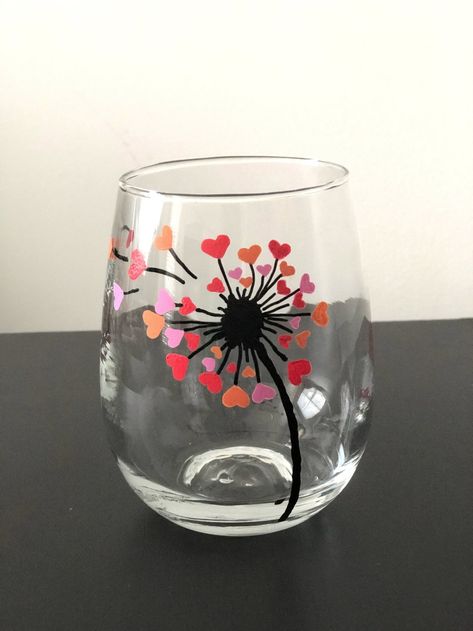 Hand Painted Stemless Wine Glass with Dandelion and Hearts | Etsy Bottle Art Drawing, Simple Bottle Art, Painting Glass Jars, Glass Painting Patterns, Wine Glass Designs, Diy Wine Glasses, Glass Painting Designs, Diy Glass Bottle Crafts, Wine Glass Crafts