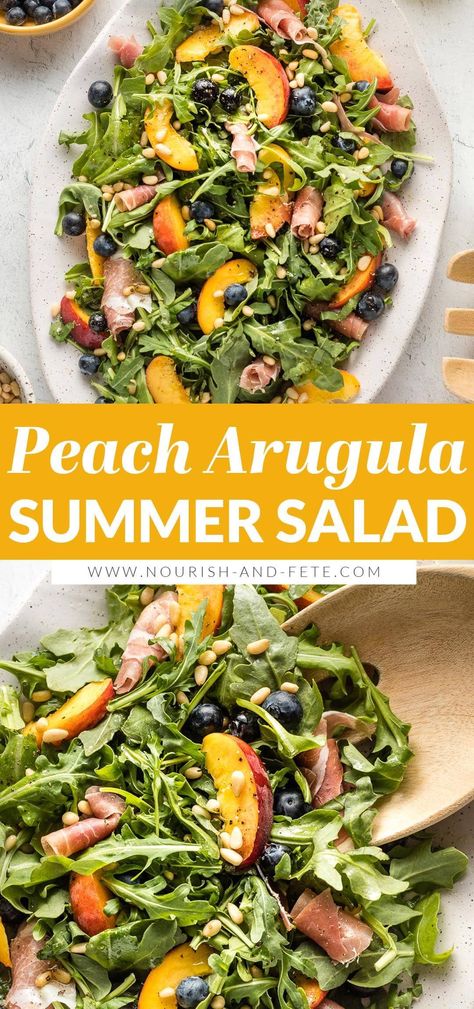 Peach Arugula Salad, Great Salad Recipes, Cottage Food, Arugula Recipes, Arugula Salad Recipes, Fresh Summer Salad, Peach Salad, Nice Dinner, Dinner Party Summer