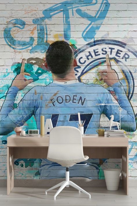 Phil Foden Mural idea, Phil Foden Graffiti Style, Phil Foden 47, Manchester City, Man City Young Gun #foden47 #philfoden #mancityart Graffiti Football Art, Manchester City Bedroom Ideas, Man City Bedroom Ideas, Man City Bedroom, Manchester City Bedroom, Football Graffiti, Football Themed Room, Man Bedroom, City Bedroom