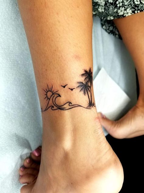 Delicate Hawaiian Tattoo, Mexico Vacation Tattoo Ideas, Florida Tattoos Small, Florida Vacation Tattoo Ideas, Ankle Beach Tattoos, Tattoos That Mean Healing, Beach Anklet Tattoo, Couple Tattoos Beach, Bahamas Tattoo Ideas