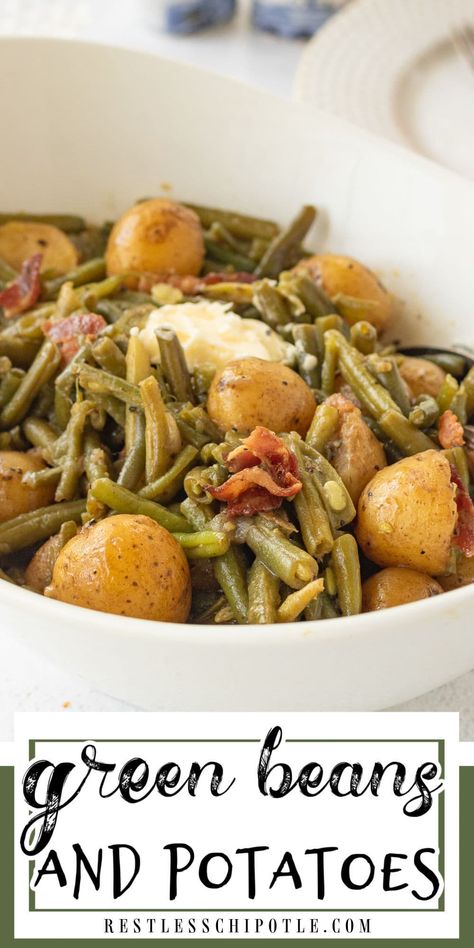 Southern style green beans and potatoes are cooked low and slow for the most flavor. Crispy bacon is added just before serving this old fashioned recipe. Crock Pot Green Beans And Potatoes, Green Beans And New Potatoes Recipe, Crockpot Green Beans And Potatoes, Southern Green Beans And Potatoes, Crockpot Vegetables, Crockpot Sides, Southern Green Bean Recipes, Frugal Eating, Green Bean Side Dish Recipes