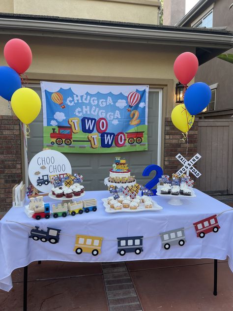 Train sign. Train Birthday Party Decor Ideas. Dessert Table. Kids Birthday Party theme. Chugga Chugga two two. Choo Choo I'm Two. Two Choo Party, Thomas Train Birthday Cupcake, 1st Birthday Boy Train Theme, 2nd Bday Train Theme, Choo Choo Two Party, Train Themed Two Year Old Birthday, Train Two Birthday Party, Choo Choo Train Birthday Party Decorations, Choo Choo Im 2 Birthday Party