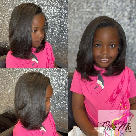 Quick Weave For Kids, Slik Press Hairstyles Kids, Little Black Girls Hairstyles For Kids Silk Press, Black Girls Hairstyles Silk Press, Silk Press Kids Styles, Silk Press Hairstyles For Kids, Kids Silk Press, Kids Silk Press Natural Hair, Kids Silk Press Natural Hairstyles