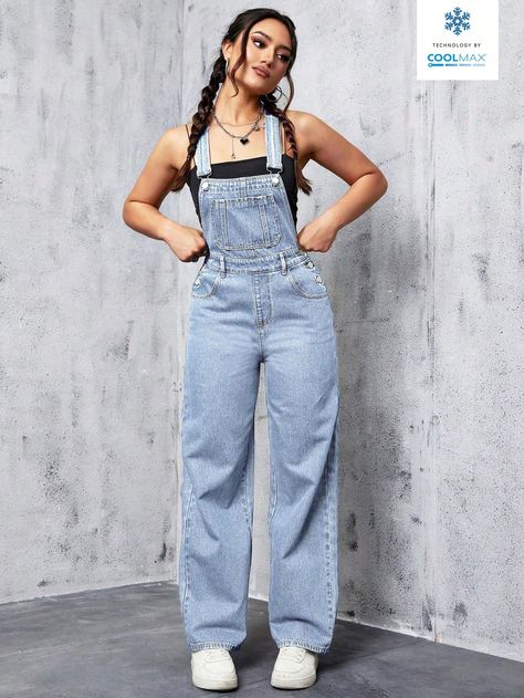 Light Wash Casual Collar Sleeveless Denim Plain Overall Embellished Non-Stretch  Women Clothing Overall Styles For Women, Overalls Outfits Aesthetic, Outfits With Overalls, Movie Outfit Ideas, Photoshoot Fits, Overall Shorts Outfit, Cute Overall Outfits, Womens Street Style, Camp Outfits