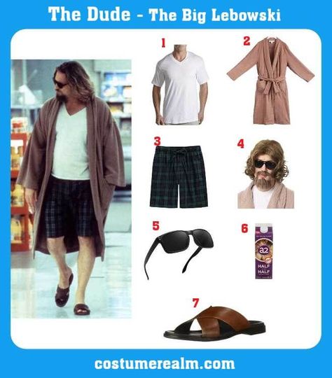 How To Dress Like The Dude Costume For Halloween & Cosplay 90s Cosplay Ideas, The Dude Big Lebowski Costume, Big Lebowski Halloween Costume, The Dude Halloween Costume, The Big Lebowski Costume, The Dude Costume, The Dude Big Lebowski, Big Lebowski Costume, Elaborate Costumes