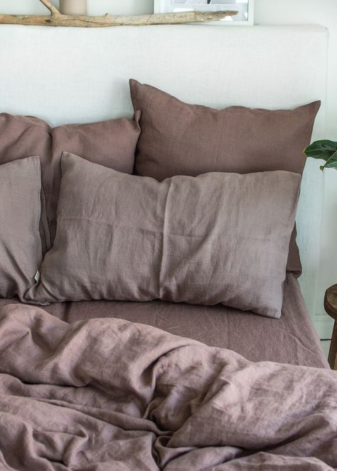 "Rest your mind on this soft and fabulous linen pillowcase in taupe brown! Its calm and stylish taupe brown tone will make your bedroom especially cozy and will perfectly match interiors with earthy colors. Linen is fully breathable, anti-allergic, ultra-durable and 100% natural. Handcrafted with care in Lithuania from premium local linen. Matches perfectly in color with the rest of our taupe brown selection: duvet cover, top and fitted sheets. If you would like to add these as well, you can ord Black And Beige Bedroom Decor, Taupe Bedding Ideas, Bedroom Inspirations Brown, Cosy Bedding, Mauve Bedding, Taupe Comforter, Lilac Bedroom, Taupe Bedding, Beige Bedroom Decor