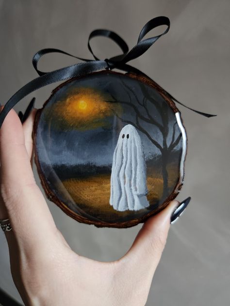 Spooky hand painted art and home decor Ghost Ornaments, Painted Ghost, Painting Ornaments, Ghost Painting, Spooky Home, Resin Ornaments, Spooky Home Decor, Handmade Paintings, Ghost Hunting