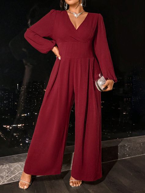 Solid Color Elegant Wrap Collar Long Sleeve Wide Leg Jumpsuit Burgundy Elegant  Extra-Long Sleeve Woven Fabric Plain Other Non-Stretch  Women Plus Clothing, size features are:Bust: ,Length: ,Sleeve Length: Burgundy Jumpsuit, Bandana Hairstyles, Kids Sleepwear, Bow Hair Clips, Boho Women, Inspiration Mode, Wide Leg Jumpsuit, Straight Leg Pants, Plus Clothing