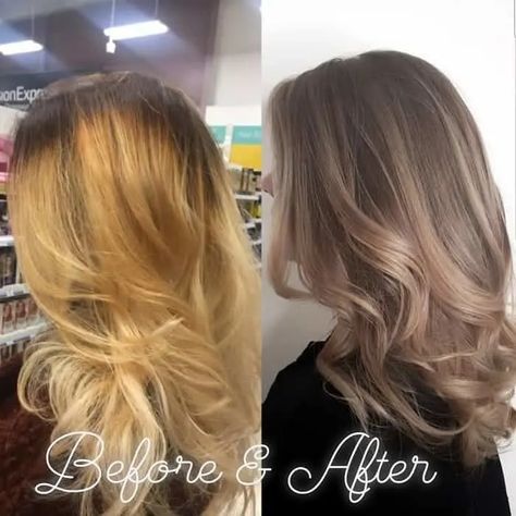 Brassy Blonde To Brunette, Brassy Hair To Ash Blonde, Toner Over Blonde Highlights, Blonde Beige Highlights, Brassy Hair To Ash Brown, Dark To Ash Blonde Balayage, Toner For Balayage Hair, Non Brassy Blonde, Toner For Brassy Blonde Hair