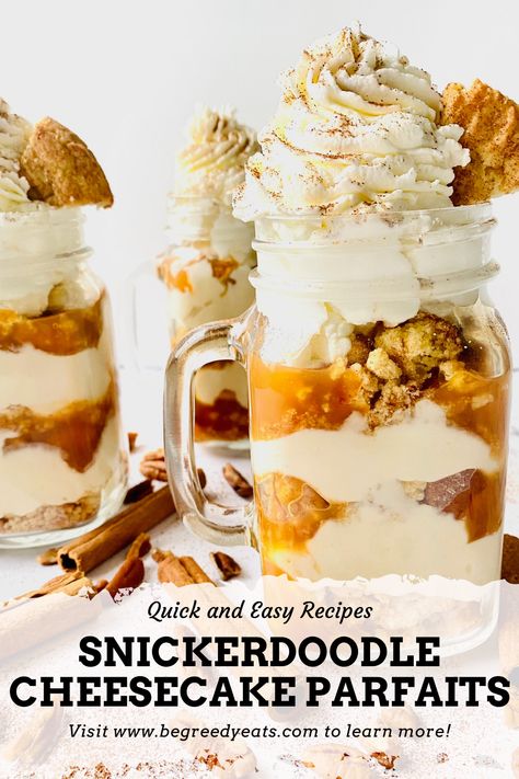 A decadent and rich Snickerdoodle and Cheesecake Parfait that is simple and easy to make. Crushed cookies, caramel sauce, and a cheesecake filling, what could be better! They are creamy and perfect for any occasion, especially the holidays! #begreedyeats #cookies #cookie #snickerdoodles #cheesecake #parfaits #recipeoftheday #quickrecipes #easyrecipes #blackfoodbloggers #foodinspiration #blackchefs #soulfood #baking #foodblogfeed #desserts #christmascookies #holidayrecipes #Christmas #foodies Cheesecake Parfait Recipes, Cheesecake Parfait, Cookie Parfait, Snickerdoodle Cheesecake, No Bake Cheesecake Filling, Cookies And Cream Cheesecake, No Bake Oreo Cheesecake, Strawberry Parfait, Cheesecake Parfaits