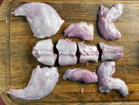 A rabbit cut into serving pieces. Butchering Rabbits, Rabbit Butchering, Rabbit Processing, Cooking Rabbit, Fried Rabbit, Rabbit Recipe, Rabbit Recipes, Raising Rabbits For Meat, Squirrel Food