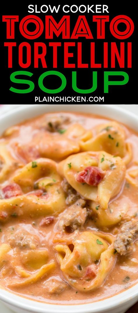 Best Tomato Soup Ever, Tortellini Soup Crockpot, Chive And Onion Cream Cheese, Crock Pot Tortellini, Cheese Tortellini Soup, Tomato Tortellini, Best Tomato Soup, Soup Tomato, Sausage Tortellini Soup