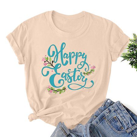 Women's Easter Printed Round Neck Short Sleeved T-shirt Loose Top Features: 1.It is made of materials,durable enought for your daily wearing. 2.Very cool to wear , very new to appearance. 3.Comfortable and pleasant, can wear personality at home or at work. 4.This lightweight, tops is perfect for those Comfortable days! 5.Keep improving in order to make your clothes more comfortable. Product Description: Product information: Season: Four Seasons Gender: Female Occasion: Family, Daily Material: 95% polyester fiber, 5% spandex Style: casual and fashionable Sleeve length: Short sleeved Collar: Round neck : Suitable for size Thickness: Standard How to clean: hand wash cold, hang or thread dry What you received: 1PC women's top Size: L.  Color: Beige.  Age Group: adult.  Pattern: graphic.