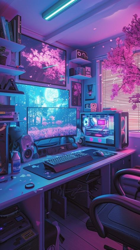 Lofi Gaming Setup, Synthwave Aesthetic Room, Cyberpunk Gaming Setup, Lofi Aesthetic Wallpaper Study, Pastel Gamer Aesthetic, Gaming Pc Aesthetic, Cyberpunk Rooms, Gaming Room Wallpaper, Escapism Aesthetic