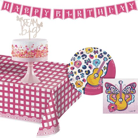 This party supplies kit makes party planning and setup easy by including party tableware and decor. The paper plates and napkins feature a Dolly Party music-inspired design of guitars, flowers, butterflies, and more. Accent your cake with the "Dream Big" wooden cake topper, and hang the Happy Birthday banner above the party space. Pull the whole look together with the pink gingham paper tablecloth. Dolly Party, Backwoods Barbie, Big Cake, Paper Tablecloth, Music Paper, Wooden Cake, Big Cakes, Party Music, Happy Birthday Banner